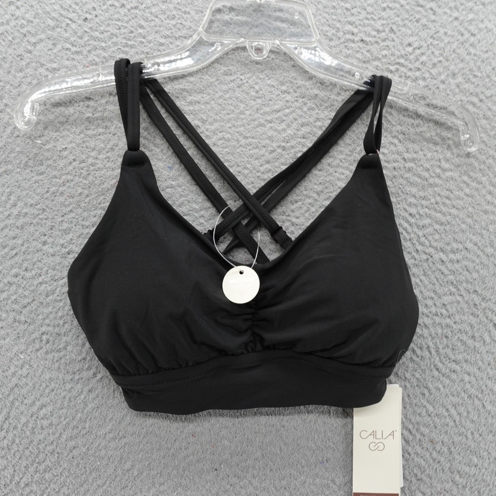 CALIA Womens Ruched Front Bikini Top Pure Black Size XS Cross Back NEW